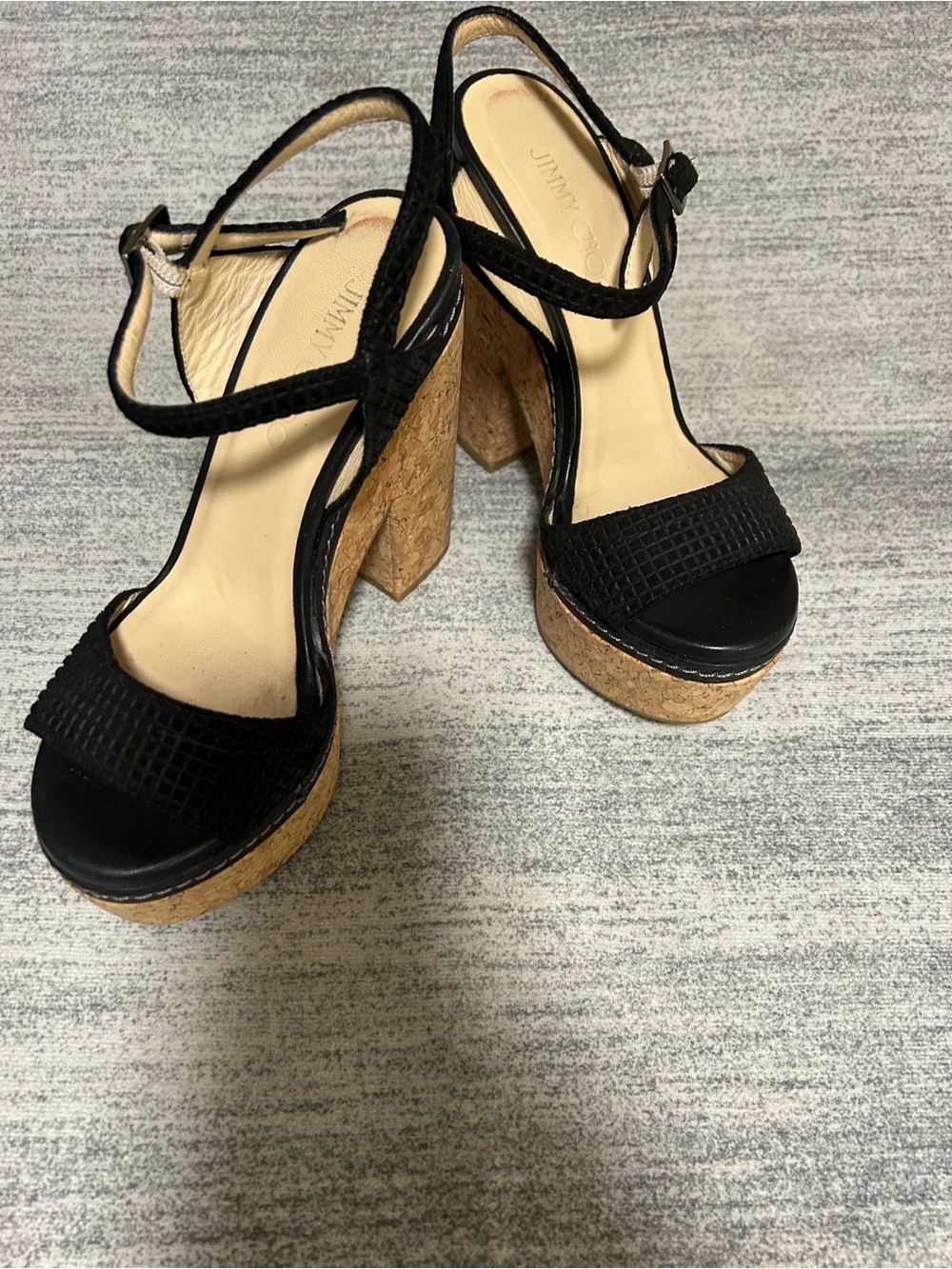 Jimmy Choo Black Leather Cork Wedge Sandals